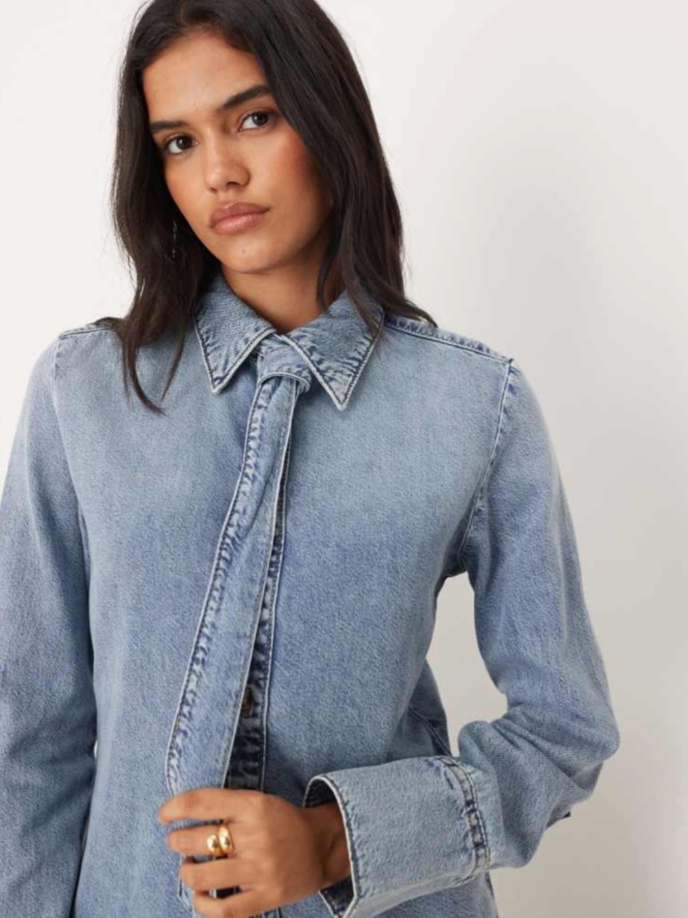 Mango MNG Denim Tie Neck Long Sleeve Button Down Shirt Tencel Lyocell